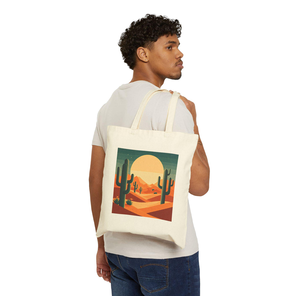 Desert Sunset Cactus Art Cotton Tote Bag, Eco-Friendly Shopping Bag